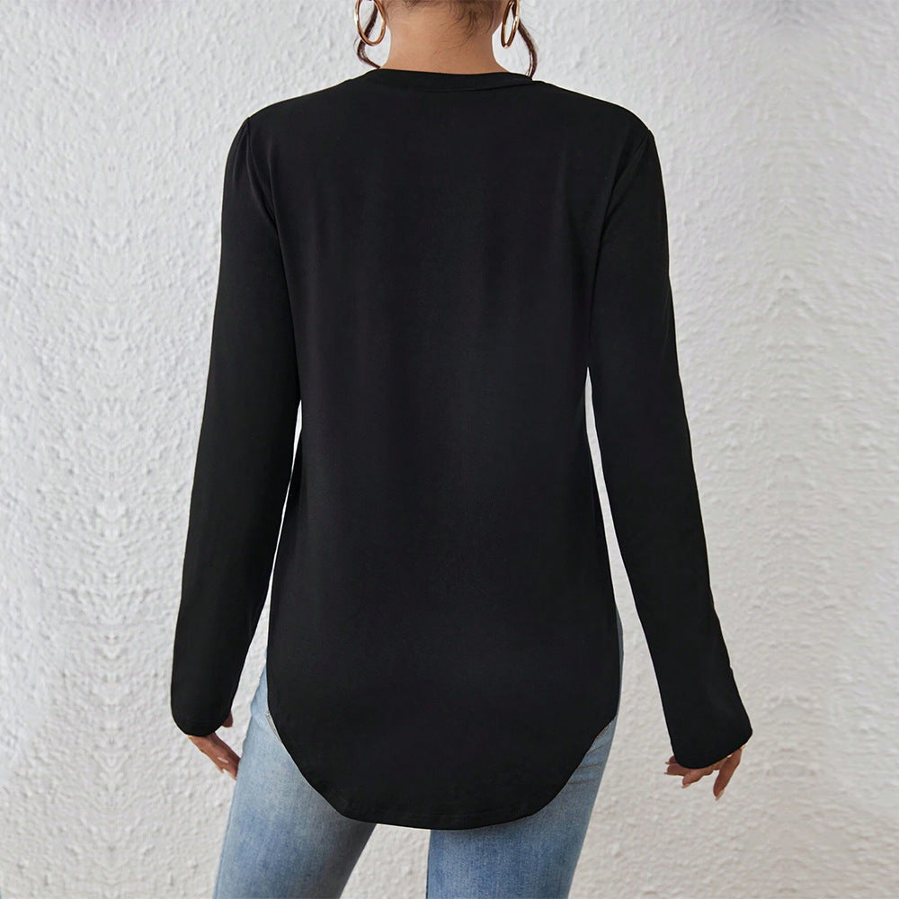 T-shirt à manches longues pour femmes avec fentes latérales, col rond et coupe décontractée