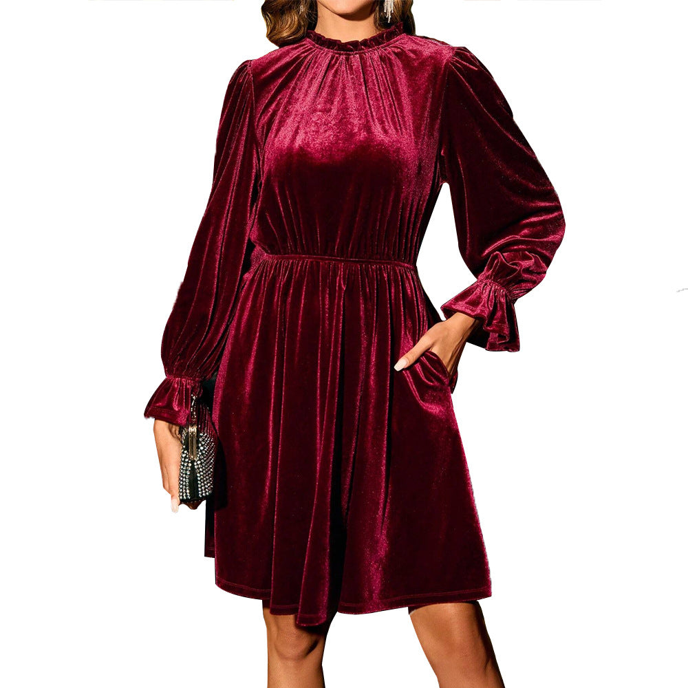 Robe en velours pour femmes, longueur genou, col montant, taille froncée et poches pratiques
