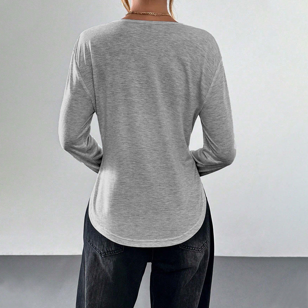 T-shirt à manches longues pour femme, avec encolure en V, col ouvert, en jersey doux et ourlet arrondi