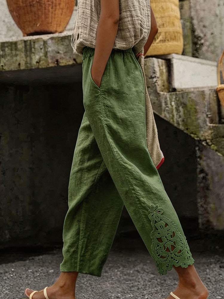 Pantalon en lin élégant pour femmes avec délicate dentelle R&B