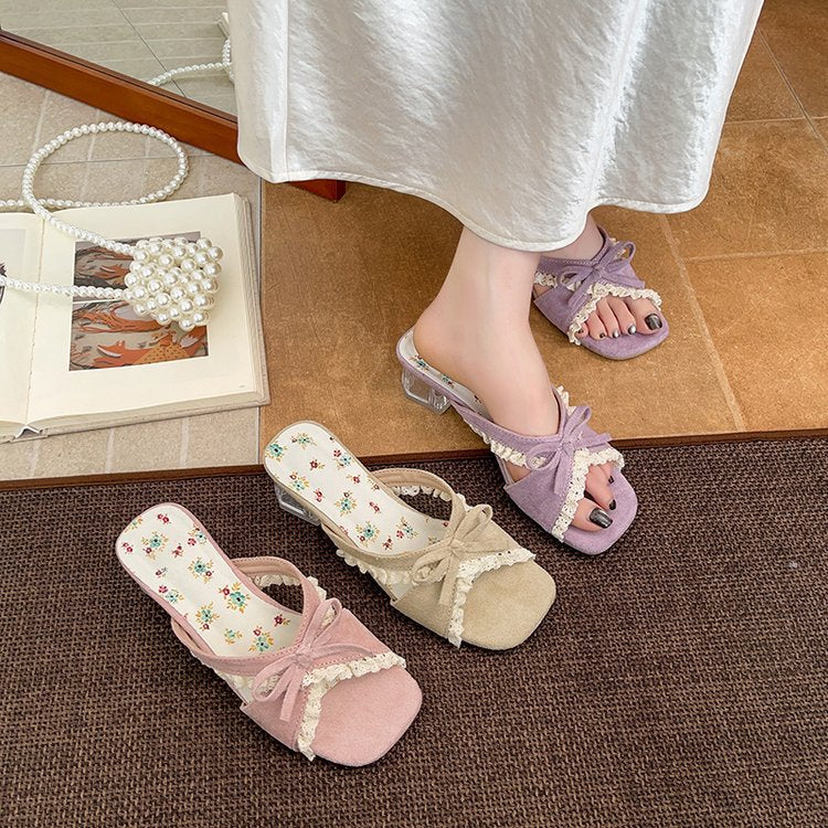 Sandales mode pour femmes avec talon bloc transparent et accent de nœud décoratif R&B