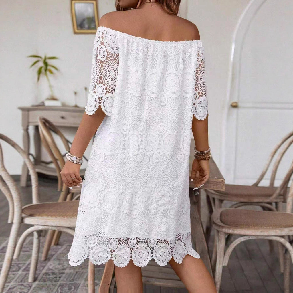 Robe midi en crochet sans épaules pour femmes avec décolleté Carmen et bordure en dentelle florale R&B