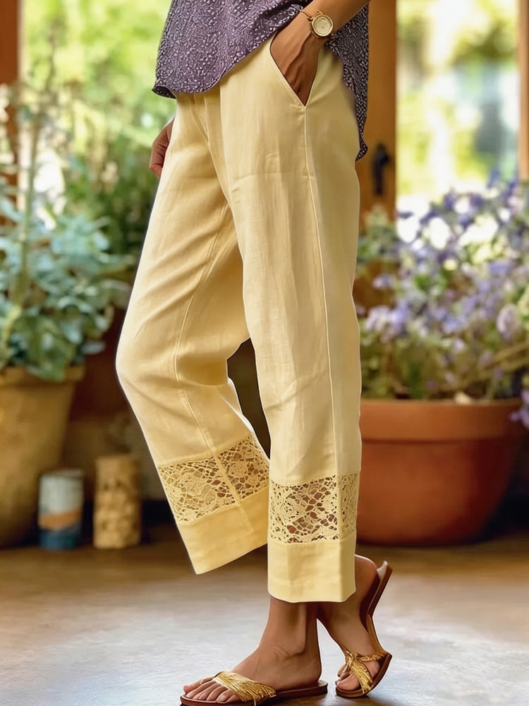 Pantalon léger en lin pour femmes avec accents en dentelle R&B