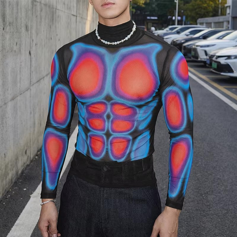T-shirt long transparent en mesh pour hommes avec impression musculaire 3D Echoarchiv