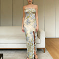 Robe maxi sans bretelles pour femmes avec volants et motif floral R&B