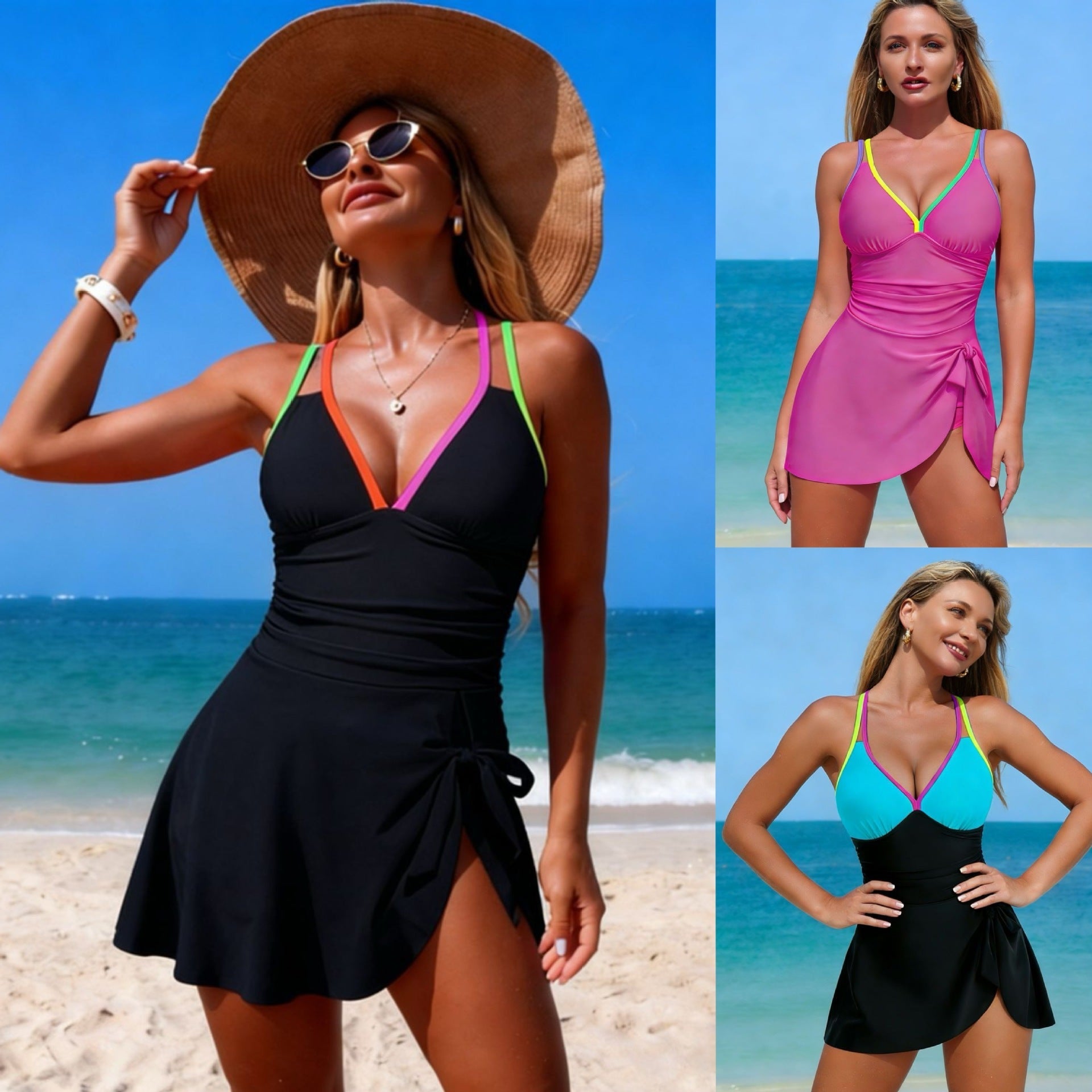 Tankini pour femmes avec jupe portefeuille à la mode et accents colorés R&B