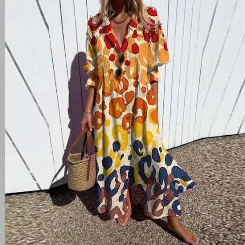 Robe Maxi Fluide pour Femmes avec Boutonnage Intégral, Décolleté en V et Imprimé Ethnique Echoarchiv