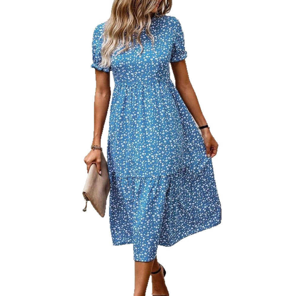 Robe midi légère pour femmes avec un motif floral continu, taille froncée et manches bouffantes courtes R&B