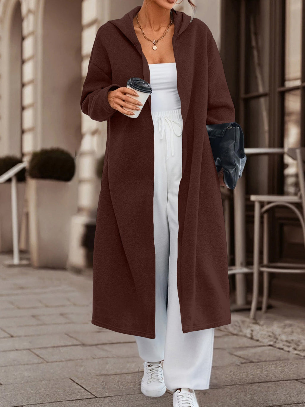 Manteau long oversize à capuche pour femmes avec devant ouvert et doux en polaire Echoarchiv