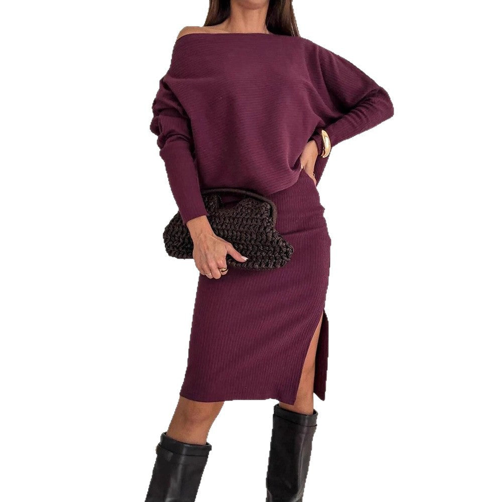 Ensemble en tricot à rayures réversibles pour femmes avec pull oversize à épaules dénudées et jupe midi cintrée avec fente latérale