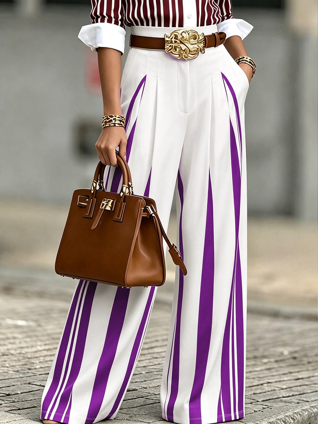 Pantalon palazzo large taille haute pour femmes avec rayures verticales et plis marqués Echoarchiv