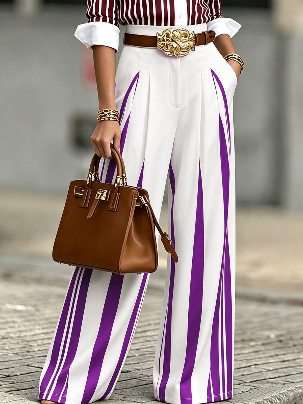 Pantalon palazzo large taille haute pour femmes avec rayures verticales et plis marqués Echoarchiv