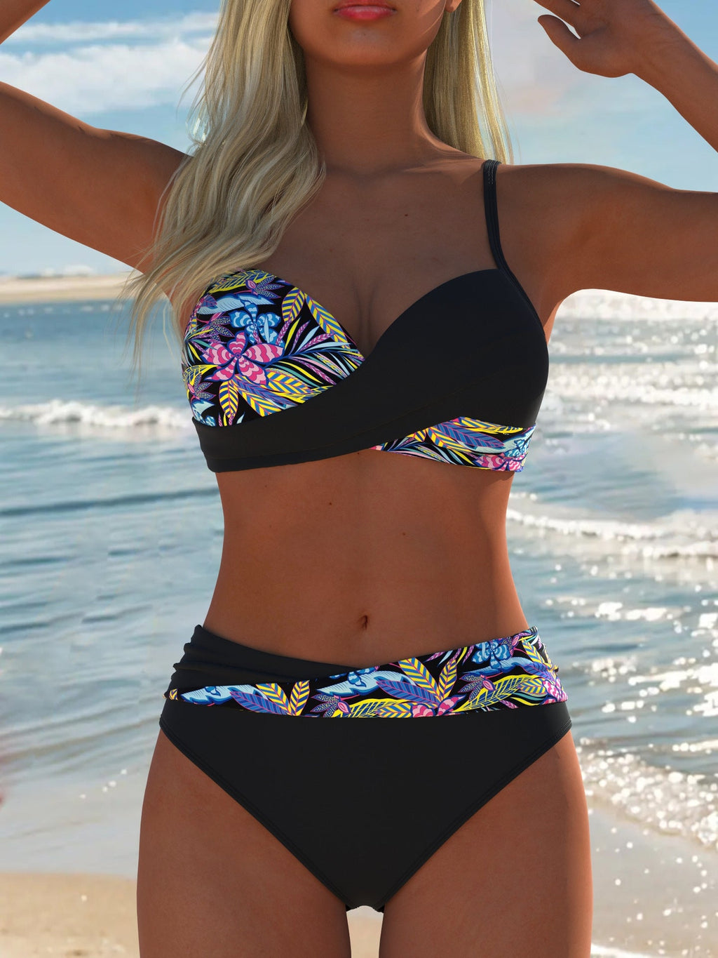 Bikini balconnet pour femmes avec imprimé palmier tendance et détails en anneau élégants R&B