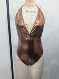 Maillot de bain une pièce haut de gamme pour femmes avec décolleté en V profond et finition brillante R&B