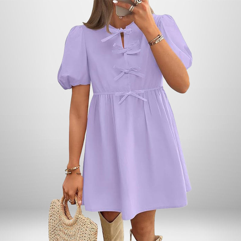 Robe Courte À Manches Bouffantes Et Détails Nœud Pour Femme | Idéale Pour Sorties Et Occasions