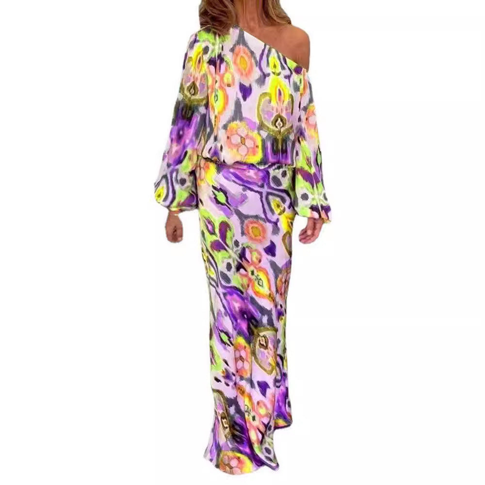 Robe maxi femme à épaule asymétrique, en satin fluide et manches cloche