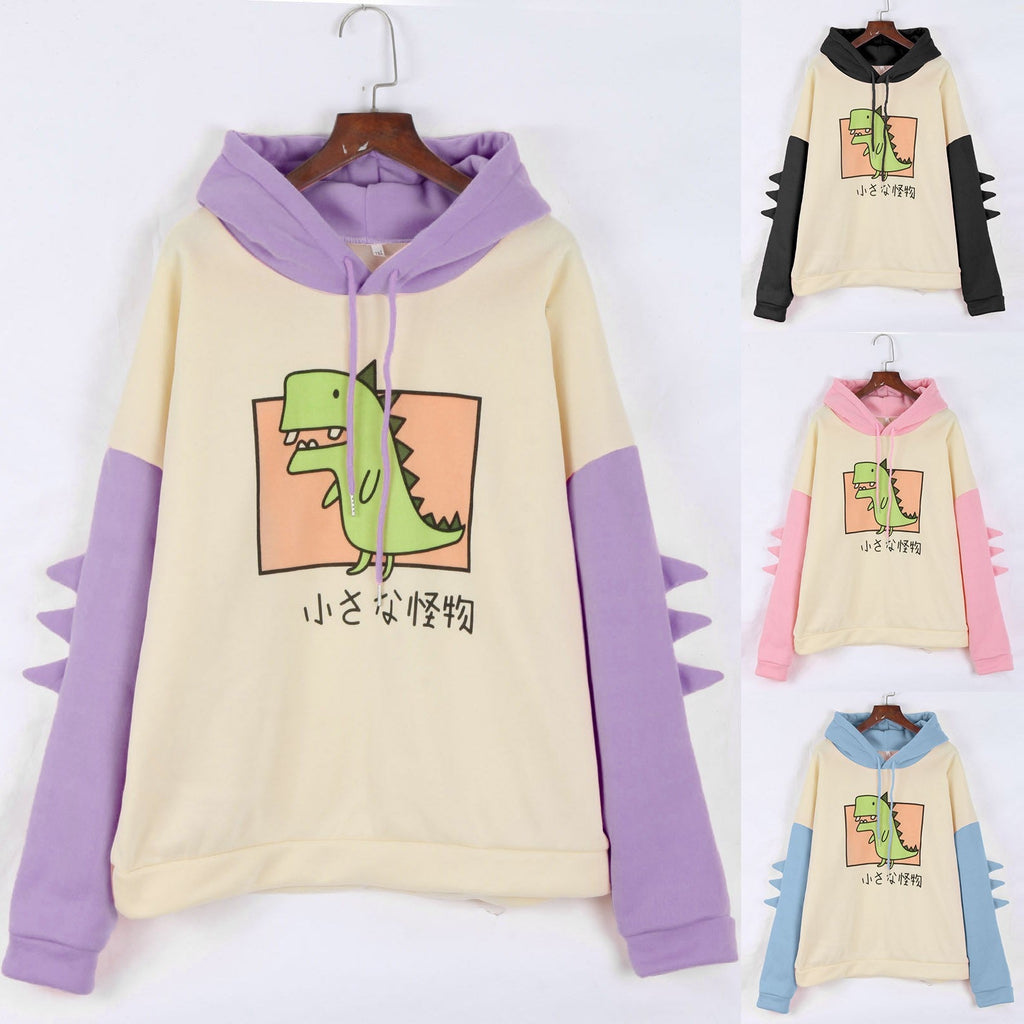 Sweat à capuche pour femmes avec détails tridimensionnels au dos et imprimé de dinosaure mignon Echo Archiv
