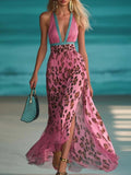 Robe maxi femme avec décolleté en V profond, dos nu tressé, imprimé léopard, jupe en chiffon plissé et fente latérale R&B