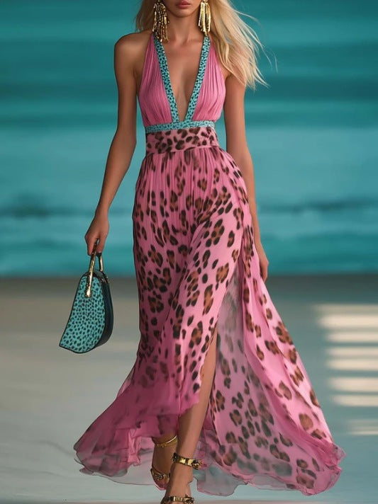 Robe maxi femme avec décolleté en V profond, dos nu tressé, imprimé léopard, jupe en chiffon plissé et fente latérale R&B