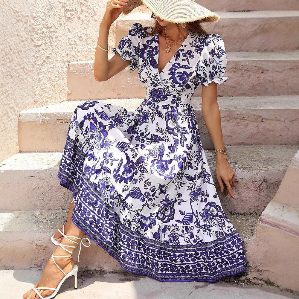 Robe maxi Boho cintrée pour femmes avec décolleté en V, manches bouffantes et jupe à volants R&B
