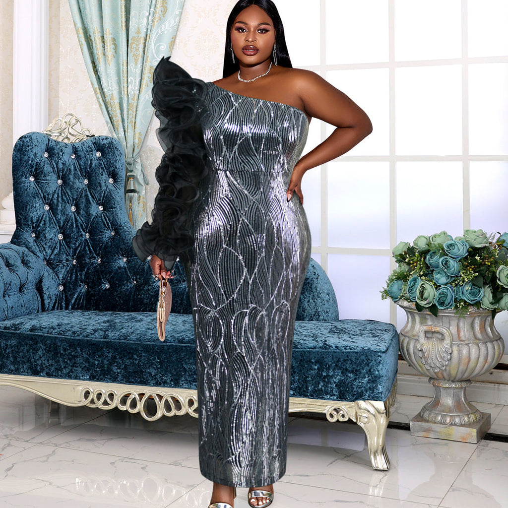 Robe de soirée glamour pour femmes avec design sans épaules et manches volumineuses R&B