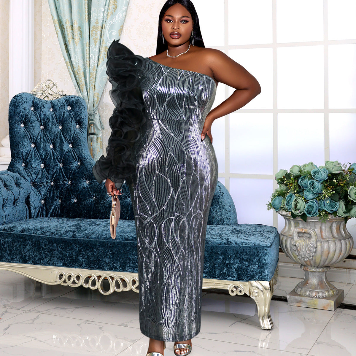 Robe de soirée glamour pour femmes avec design sans épaules et manches volumineuses R&B