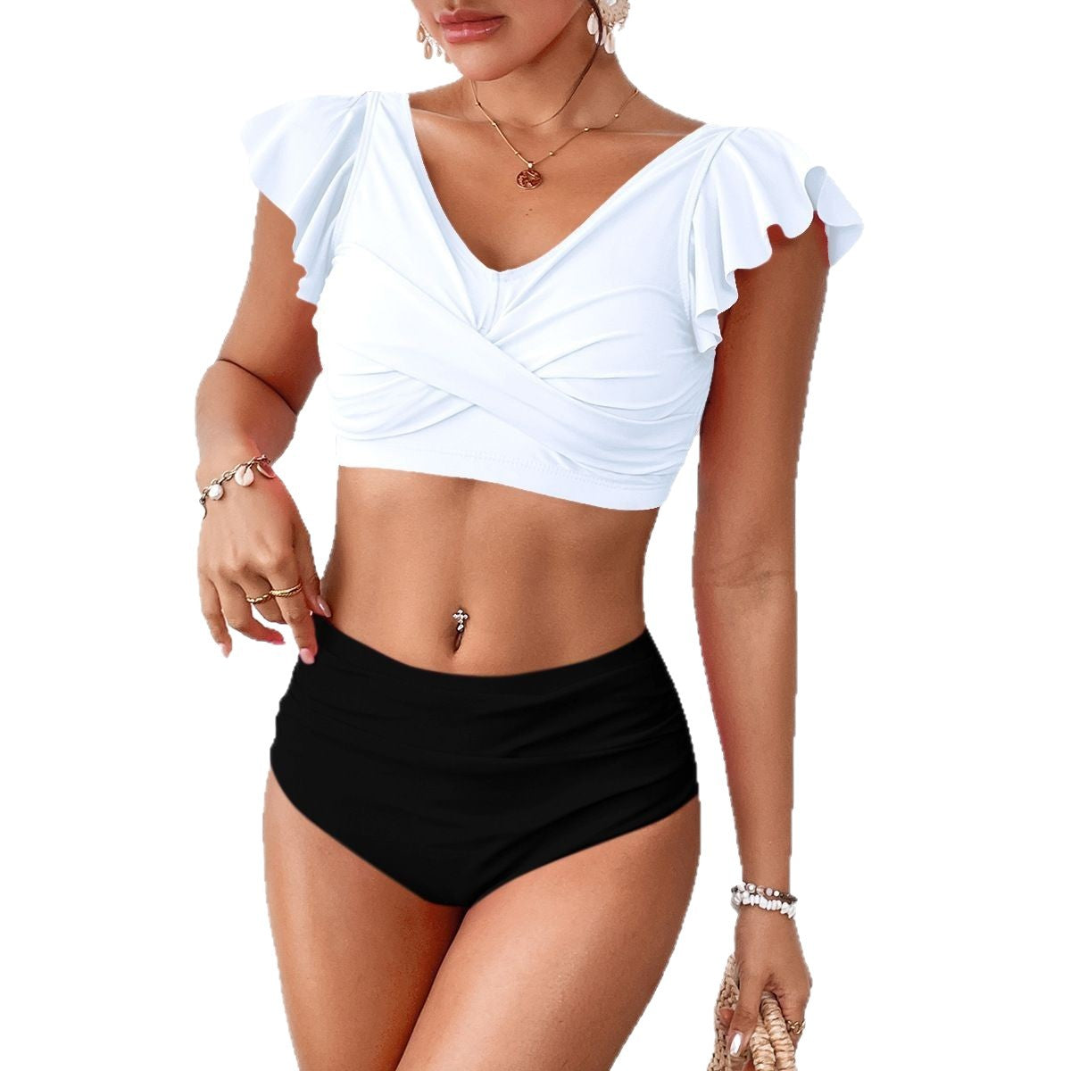 Haut de bikini pour femmes à taille haute avec volants R&B