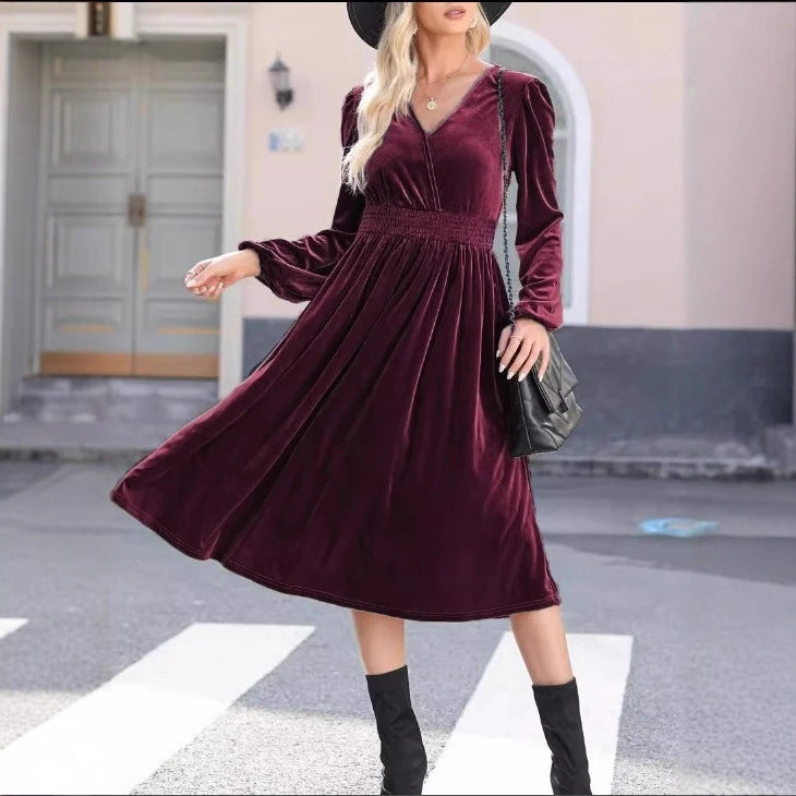 Robe midi en velours pour femmes avec décolleté en V, taille smock froncée et manches ballon longues