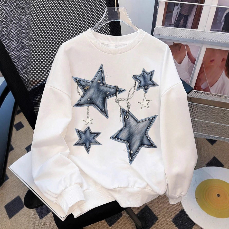 Sweat-shirt oversize décontracté pour femmes avec des appliqués étoile brodés en denim et ourlet côtelé Echo Archiv
