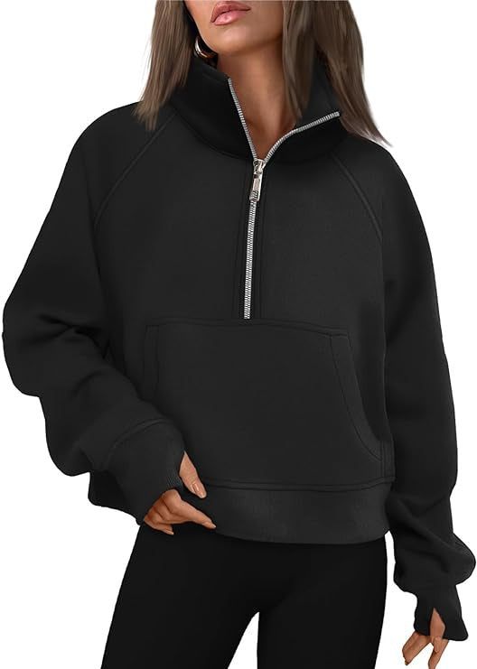 Sweat à capuche femme en polaire oversize raccourci avec demi-fermeture éclair, col montant, poche kangourou et poignets avec trou pour le pouce Echo Archiv