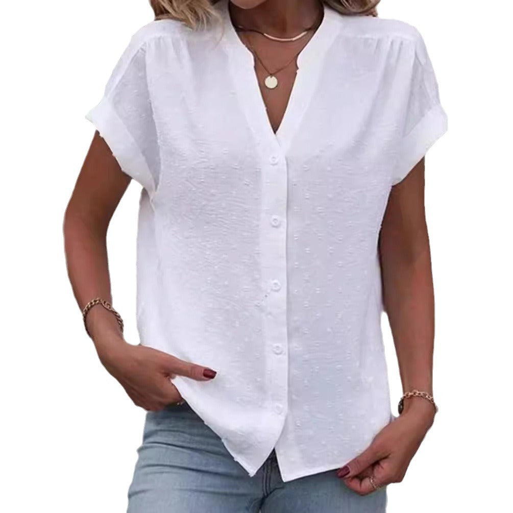 Blouse à boutons sur le devant à encolure en V pour femmes avec pois Dobby et manches courtes retroussables R&B
