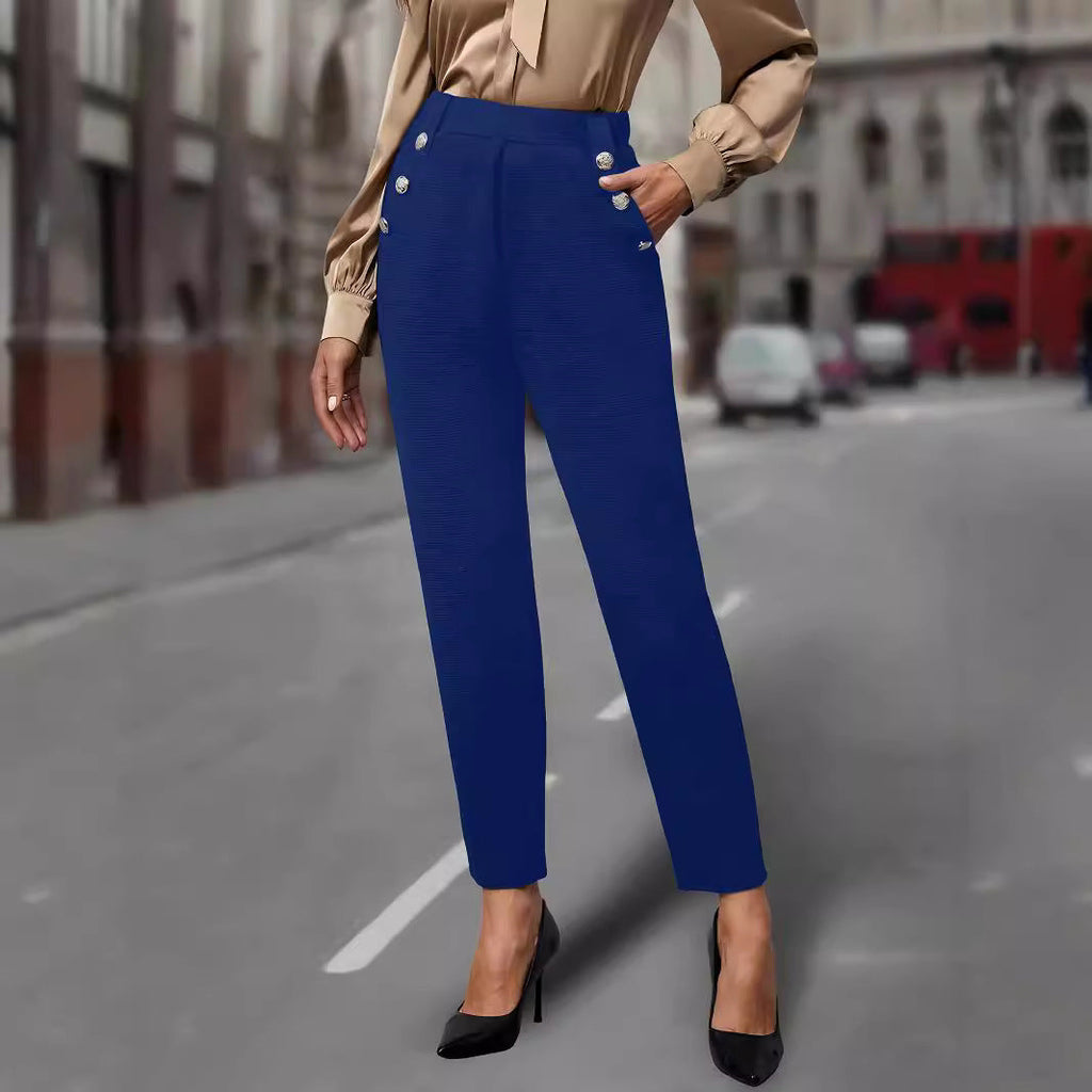 Pantalon de costume taille haute pour femmes avec boutons décoratifs