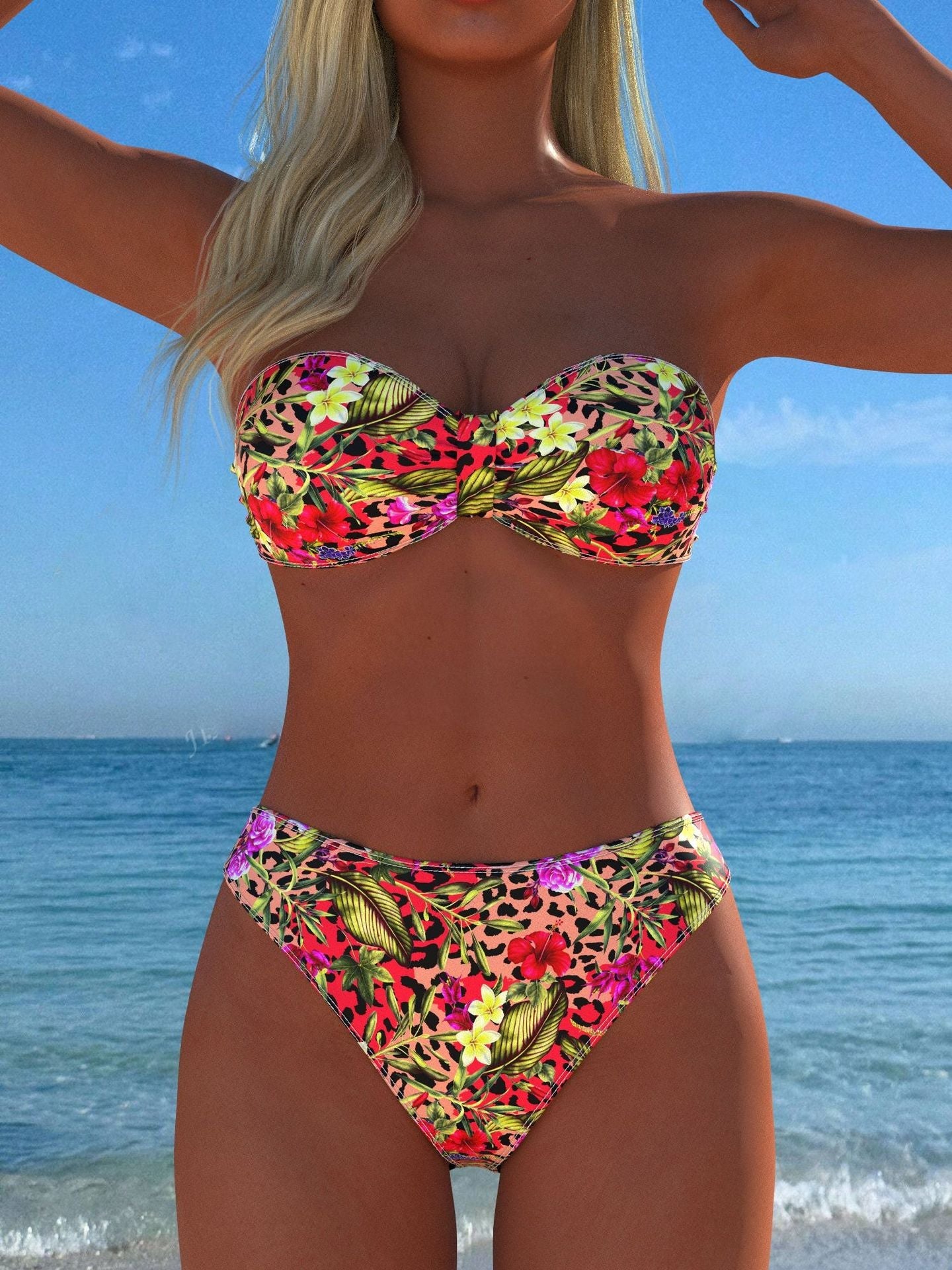 Bikini bandeau pour femmes avec motif floral et taille haute R&B