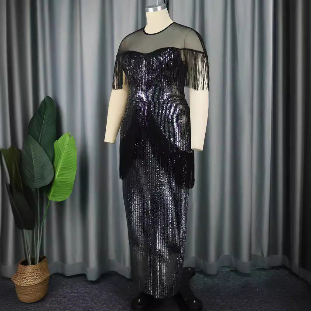 Robe de soirée glamour pour femmes avec franges et tissu scintillant R&B