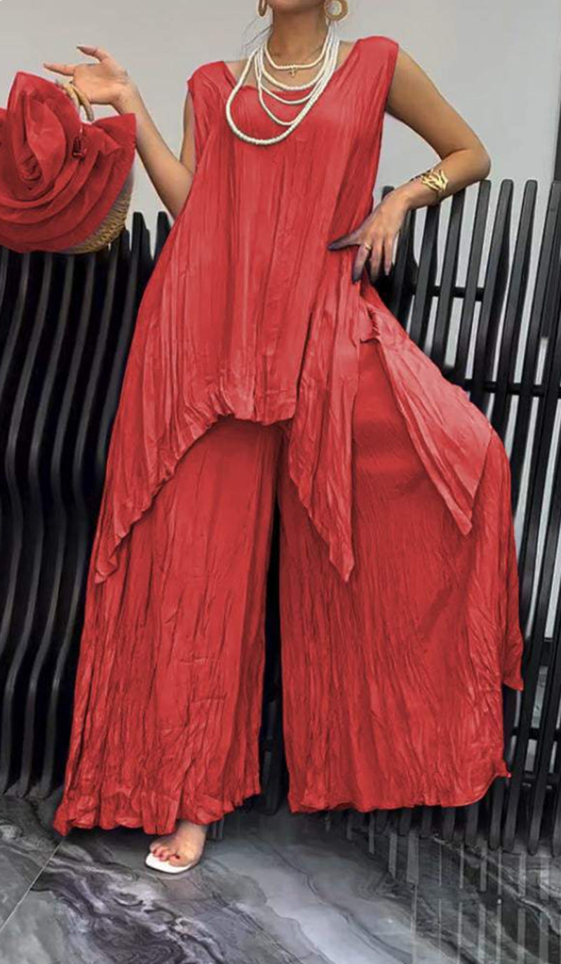 Ensemble léger à effet froissé pour femmes avec tunique sans manches et pantalon palazzo R&B