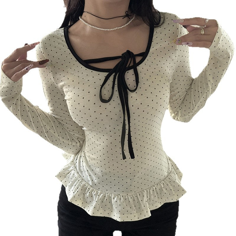 T-shirt long cintré pour femmes avec ourlet volanté, cordon de serrage et motif à pois fin Echo Archiv