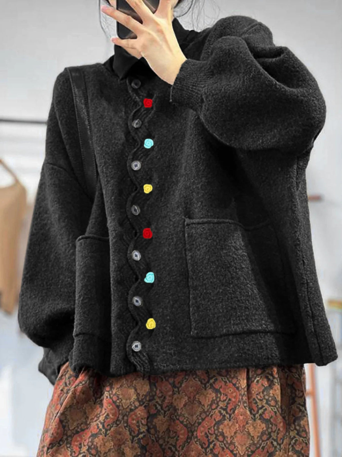 Cardigan en tricot oversized pour femmes avec patte de boutonnage décorative et poches plaquées Echo Archiv