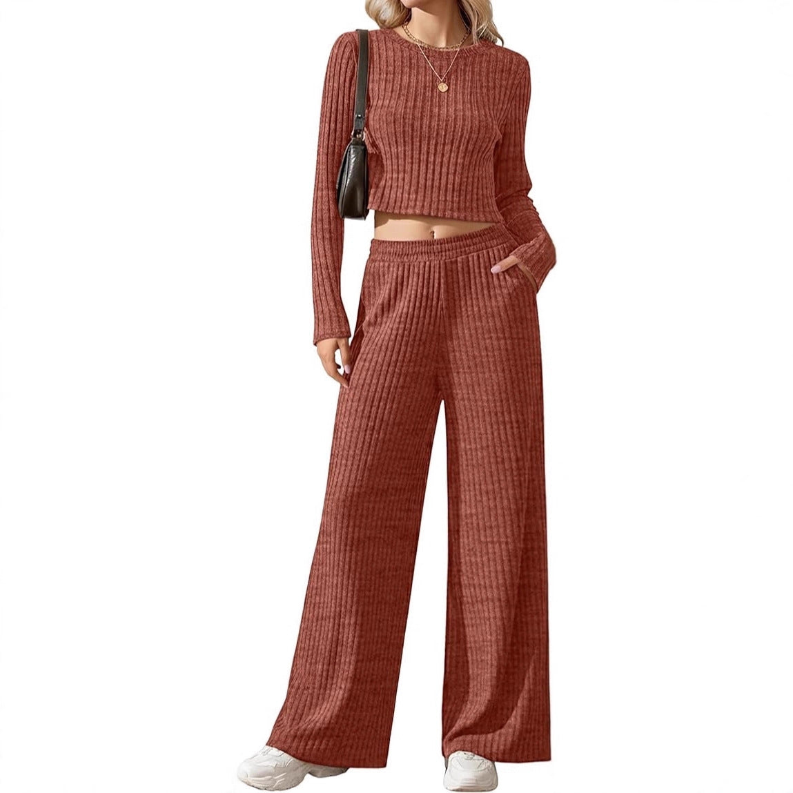 Ensemble Lounge en Tricot Fins Côtelé pour Femmes avec Top à Manches Longues Court et Pantalon Palazzo Taille Haute Echoarchiv