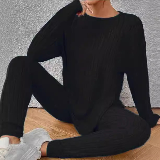 Ensemble Relax en Tricot Rippé pour Femmes avec Col Rond et Jogger Slim Echoarchiv