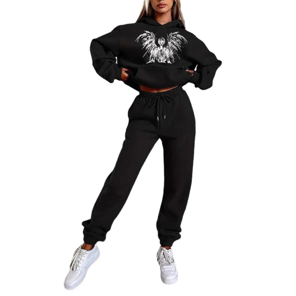Ensemble de lounge pour femmes en deux parties, sweat à capuche court et jogging taille haute avec motif d'ange et taille élastique Echo Archiv