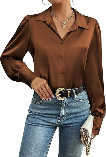 Blouse en satin pour femmes avec col chemise, patte de boutonnage cachée et manches longues