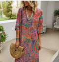 Robe Kaftan Boho légère pour femme avec décolleté en V, silhouette décontractée et manches trois-quarts R&B