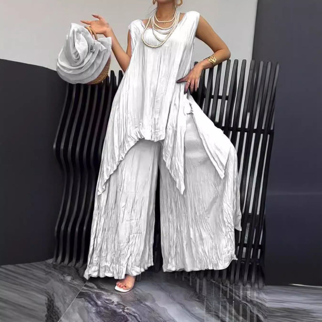 Ensemble léger à effet froissé pour femmes avec tunique sans manches et pantalon palazzo R&B