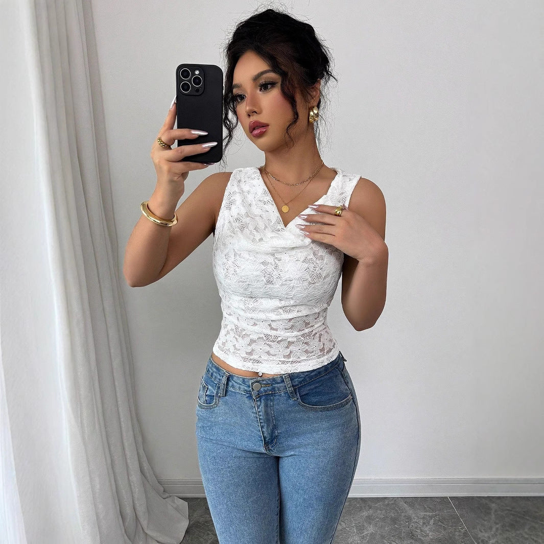 Top en dentelle pour femmes avec décolleté en cascade et taille cintrée R&B