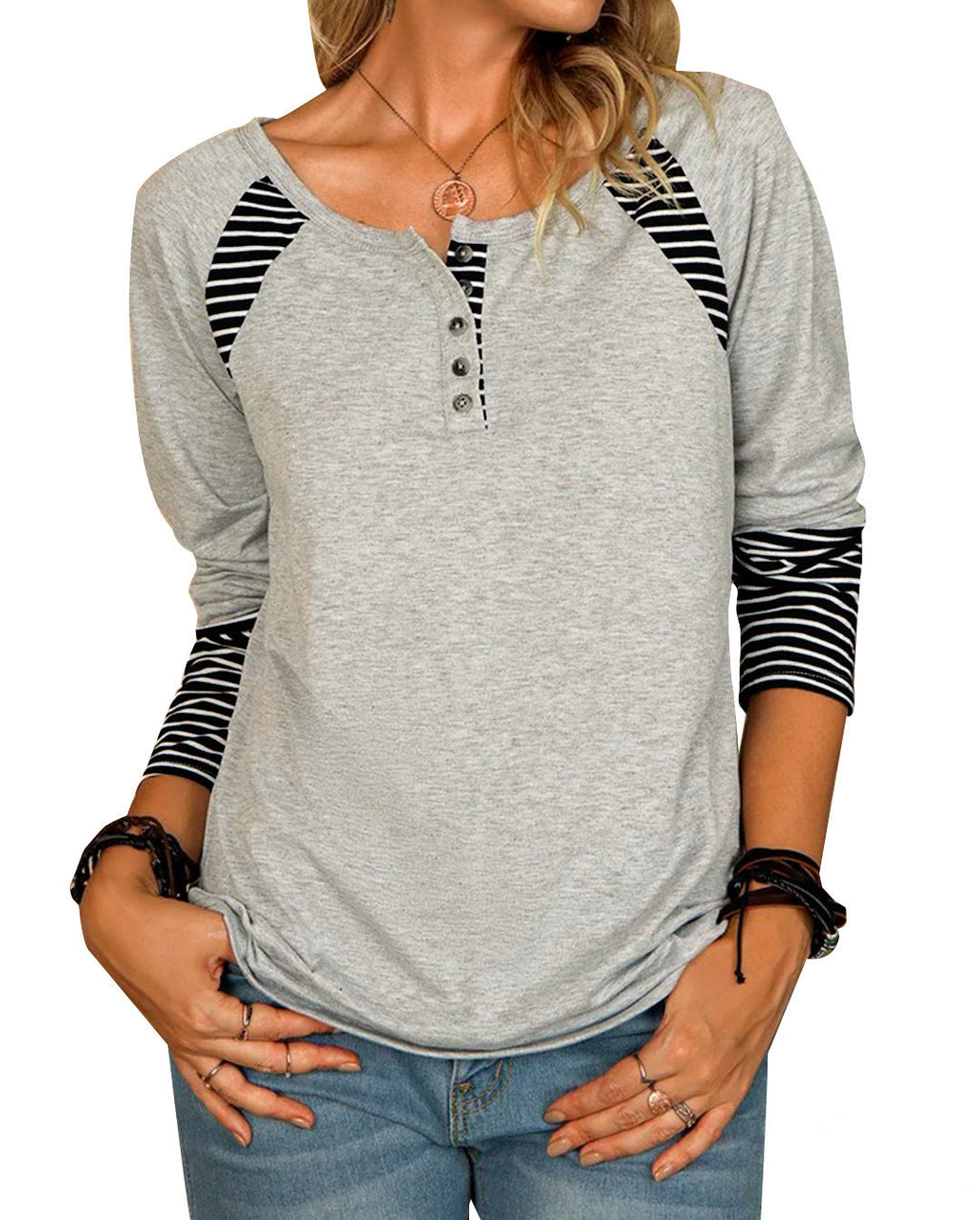 T-shirt Henley Raglan Décontracté Femme avec Patte de Boutonnage et Poignets Rayés Echoarchiv