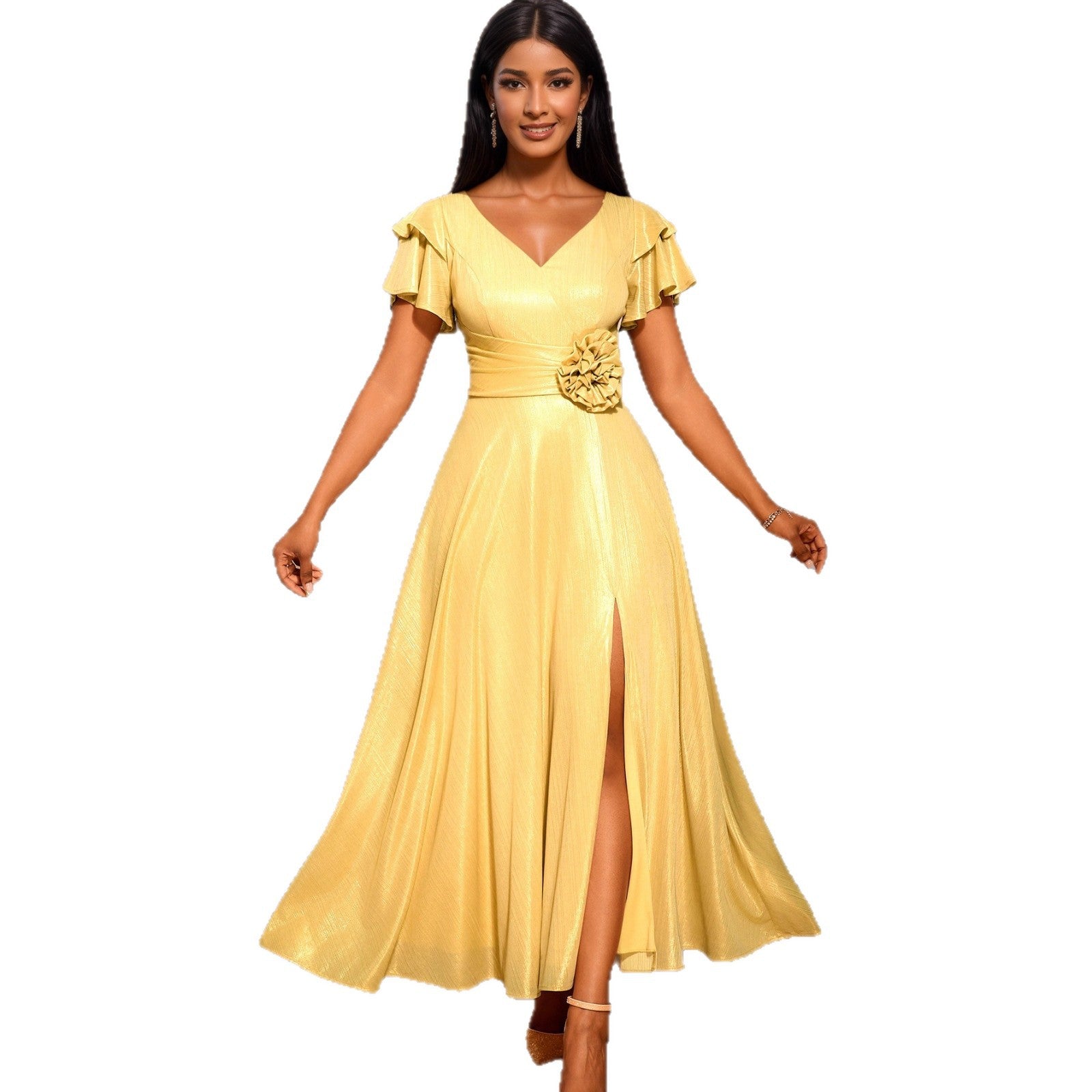 Robe de soirée glamour pour femmes avec décolleté en V élégant et volants volumineux R&B