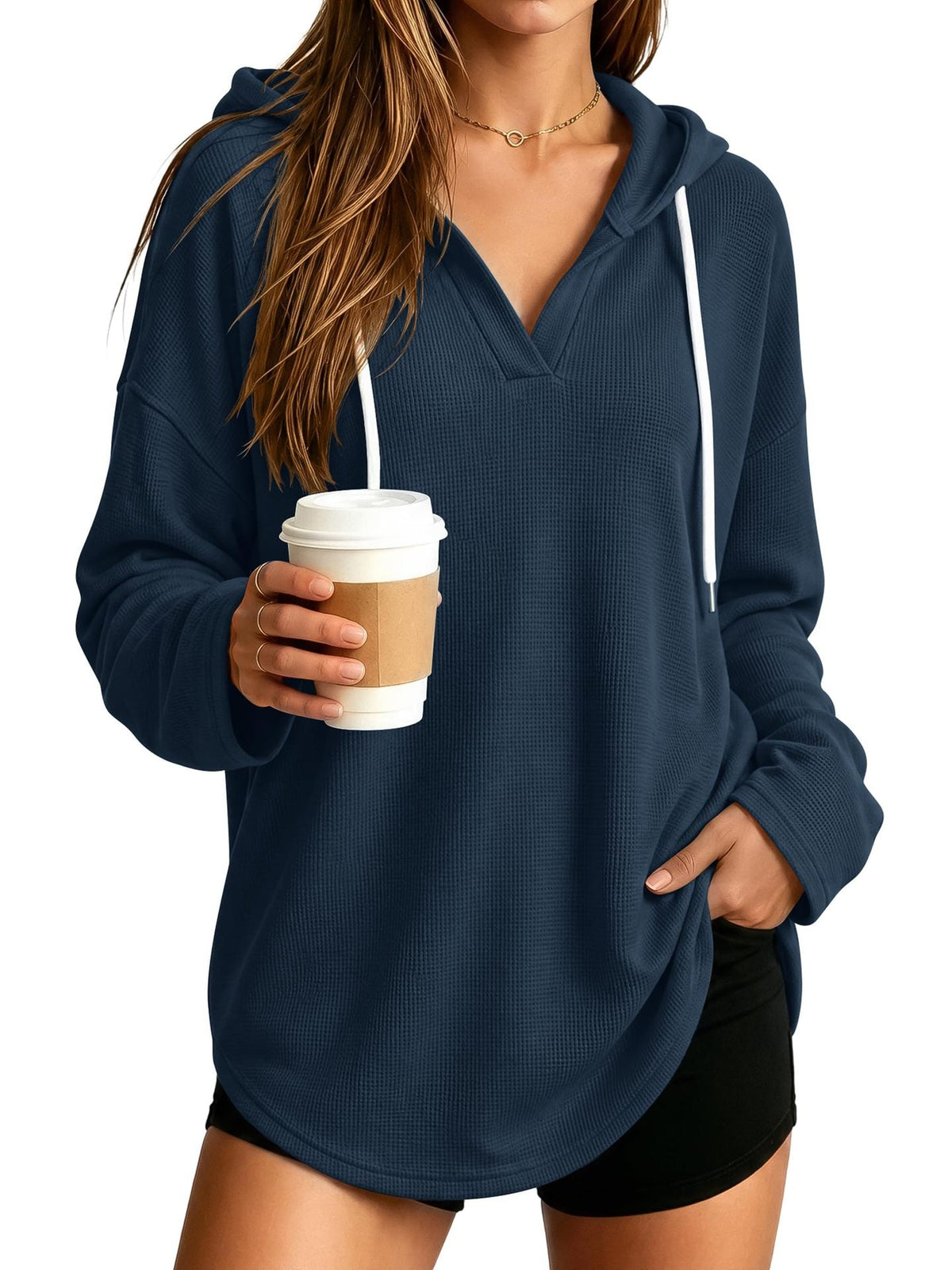 Pull à capuche décontracté pour femmes avec texture en gaufre