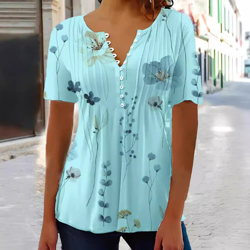 Tunique en viscose légère pour femmes avec plis décoratifs, patte de boutonnage partielle et imprimé fleurs aquarelle R&B
