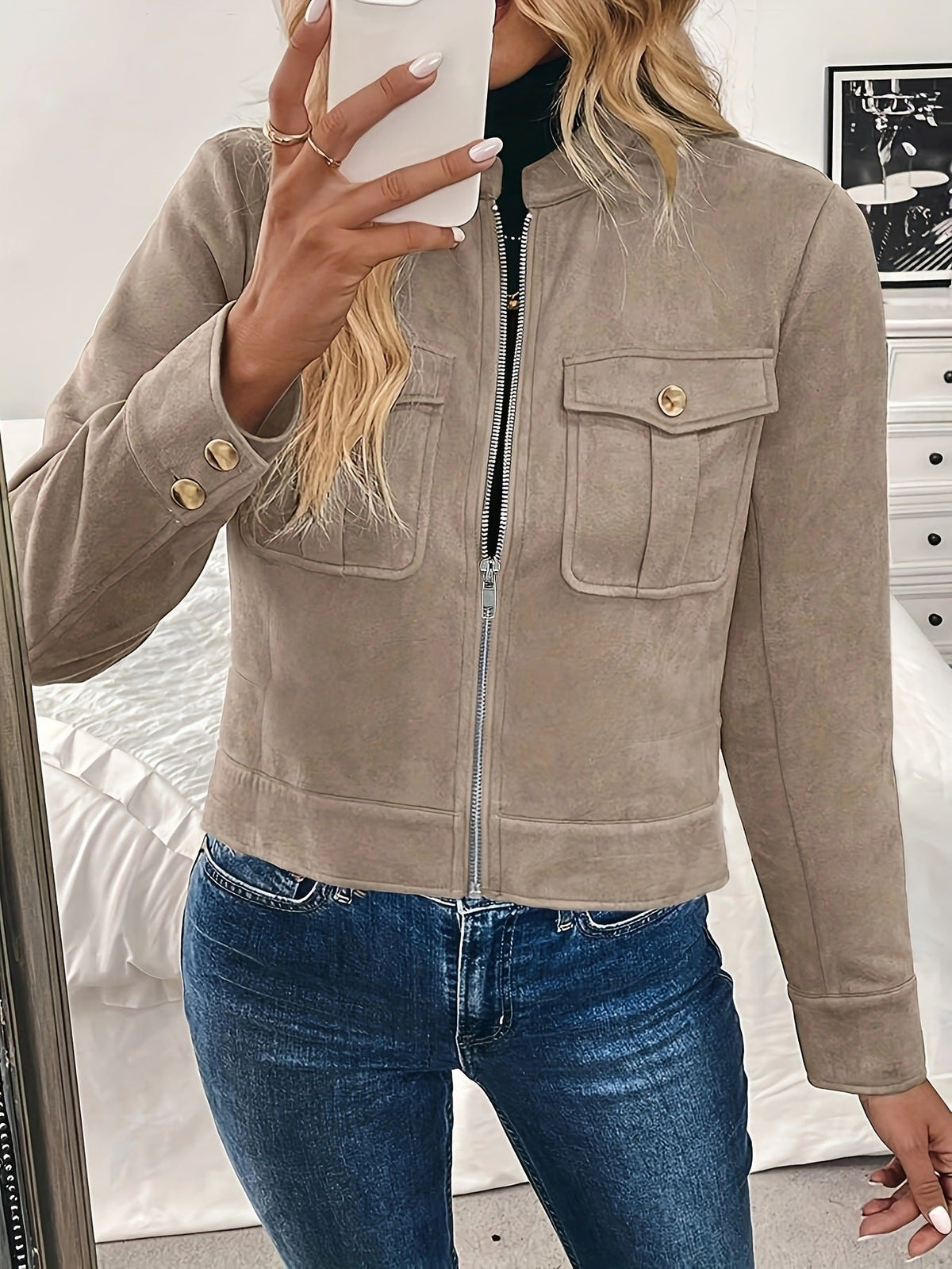 Veste courte pour femmes avec poches à rabat et fermeture éclair