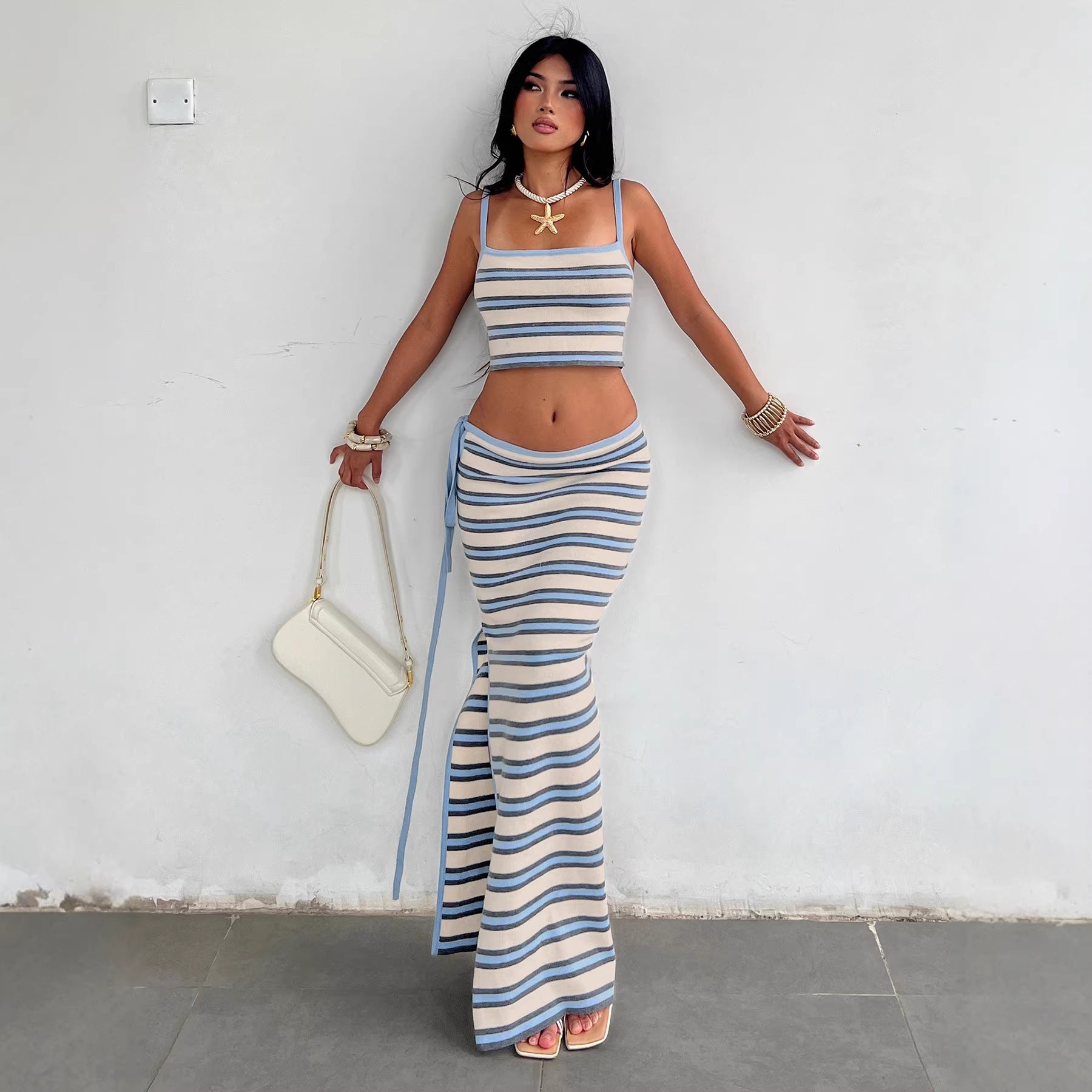 Jupe longue rayée pour femmes avec taille haute et ceinture à nouer R&B